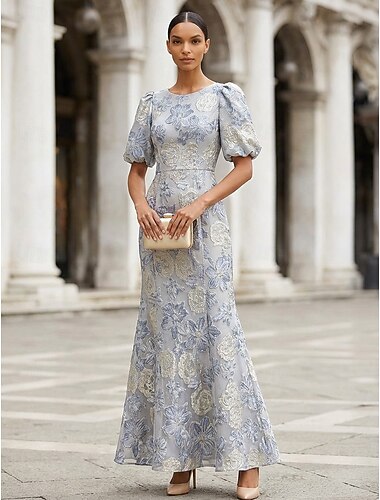  Sjöjungfru-/Trumpetkväll Golvlång Kvälls klänningar Elegant Vintage Blommig Kortärmad Rund hals Trädgårdsfest Bröllop Jacquard med Broderad blomma