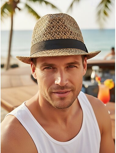  Heren fedora in bohemian stijl, gemaakt van ademend stro, geweven zomerse strandhoed voor vakantie, resortreizen, casual outfits en dagelijks gebruik.
