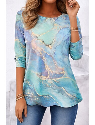  Per donna Maglietta Stampato Grafico Marmo Elegante Classico Moderno Manica Lunga Girocollo Top Regolari Quotidiano Weekend Abbigliamento da vacanza Blu Viola Arancione Estate Primavera Autunno