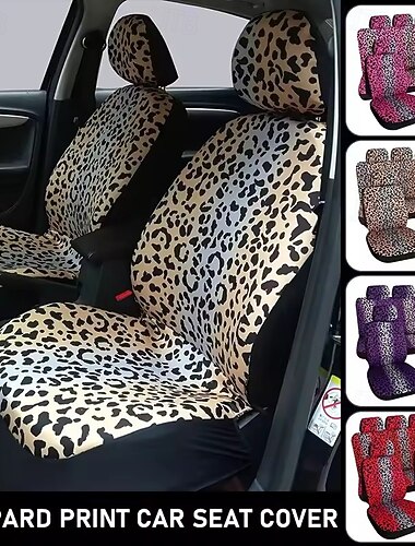  Leopardikuvioiset auton istuinsuojat, täydellinen sarja, yleismallinen gepardi-auton istuinsuoja naisille ja tytöille, etu- ja takaistuinten suojukset niskatukien suojuksilla, söpö auton sisustus