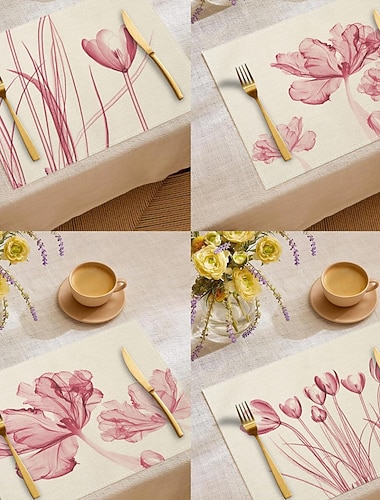  Tischset aus rosafarbenem, gewebtem Stoff mit Tulpenmuster, rechteckig, aus 100 % Polyester, abstraktes grünes Pflanzenmotiv, maschinenwaschbar und hitzebeständig, schützt die Tischoberfläche