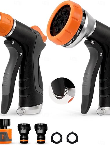  Boquilla para manguera de jardín (paquete de 2): rociador de manguera de agua de alta presión con 10 &2 patrones de pulverización - ligero &Pistola pulverizadora manual inoxidable (negra)