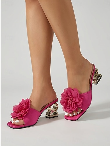  Sandales à talons hauts roses à fleurs pour femmes, chaussures habillées à bout ouvert, parfaites pour un dîner en hôtel ou des vacances. &événements estivaux en soirée