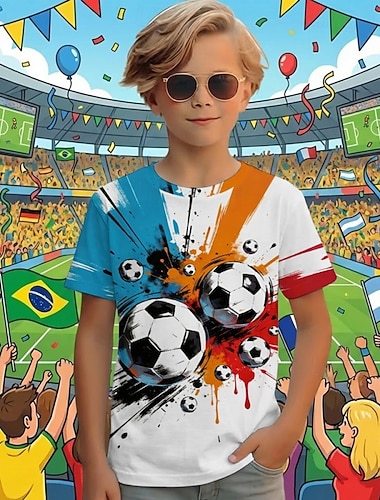  Jungen 3D Grafik Fußball T-Shirt Kurzarm 3D-Druck Sommer Frühling Sport Mode Streetwear Kinder 4-12 Jahre Rundhalsausschnitt Lässig Täglich Outdoor Normale Passform