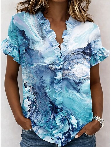  Dames Overhemd Tuniek Ruche Grafisch Abstract Elegant Modieus Dagelijks Korte mouw V-hals Normale tops Casual Dagelijks blauw Blozend Roze Paars Oranje Groen Zomer Lente