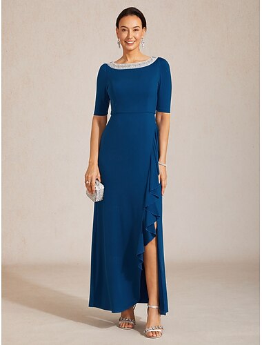  Femmes Robe maxi Robe fourreau Élégant Couleur Unie Demi Manches Col Bateau bleu marine
