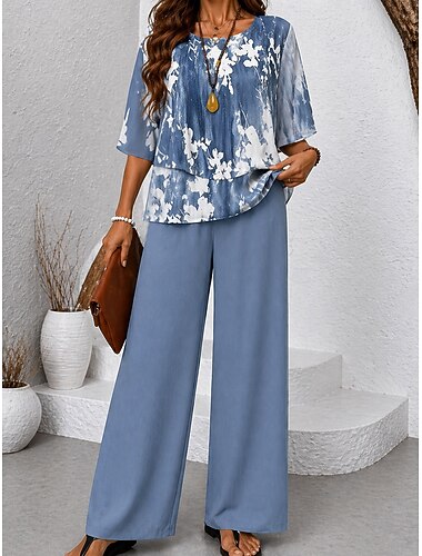  Per donna Set di Pantaloni Mezza Manica A farfalla Girocollo Floreale Grafico Elegante Vacanza Casuale Quotidiano Spiaggia Blu Arancione Primavera & Estate Vestibilità regolare