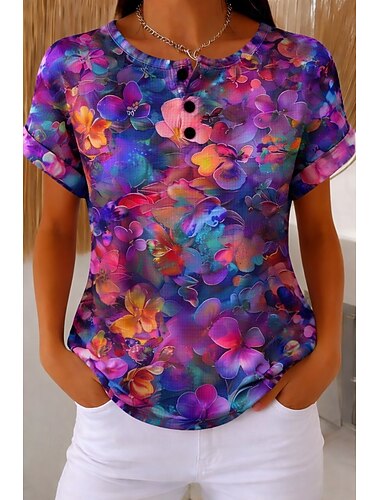  Per donna Maglietta Waffle Top a maglia con texture Maglietta Blocco di colore Stampato Bottoni Davanti Grafico Geometrico Astratto Vintage Elegante Classico Manica Corta Girocollo Henley Top lunghi