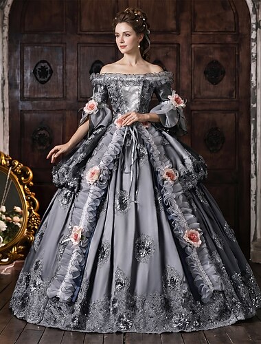  Rokoko Barock Ballkleid Bodenlang Kleid Ballkleid Kurze Ärmel Prinzessin Dame Braut Blumen Weg von der Schulter Ballkleid Kostüm Damen königlich Halloween Karneval Maskerade Teegesellschaft Party