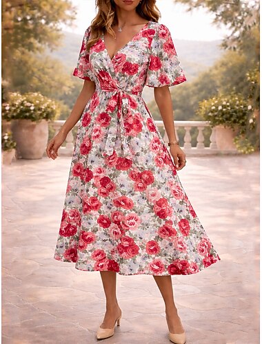  Damen Midikleid A Linie Kleid Bandage Kleid Rüschenkleid Urlaub Lässig Trompetenärmel Ferien Date Normale Passform Blumen Grafik Kurzarm V Ausschnitt Rote Sommer Frühling