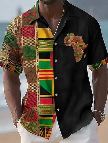  Juneteenth Per uomo Tribale Mappa Etico / africano Camicia Camicia Estiva Camicia con Bottoni Manica Corta Vintage Retrò Ferie Estate Primavera Collo ripiegato Stampa 3D camicie con colletto Blu