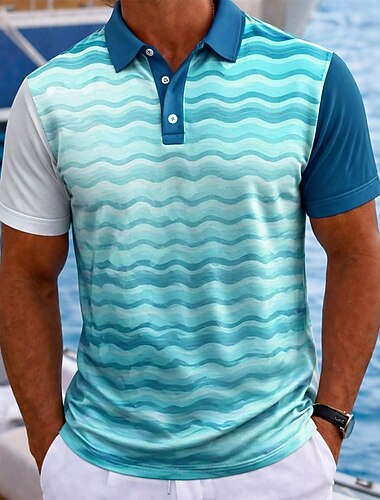  Herre Bølger Hawaii poloskjorter Kortærmet Polo skjorter Skjorter med krave Afslappet atletiktøj Ferietøj Knapper Forår sommer Blå Grøn