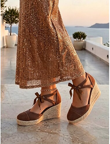  Sandali espadrillas da donna marroni con zeppa e fiocco alla caviglia – per le vacanze &scarpe da sera da resort
