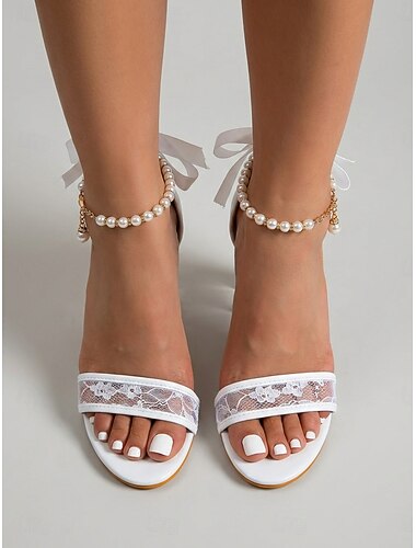  Γυναικεία λευκά δαντελένια πέδιλα νυφικά, ανοιχτά δάχτυλα με διάφανο τακούνι και φιόγκο για γάμο, τελετή &υποδοχή