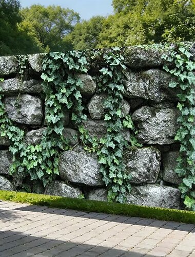  Muro di pietra rustico, edera verde rampicante, rocce grigie naturali, texture realistica, banner per porta del garage, sfondo esterno, arazzo da parete per giardino, cortile, patio, recinzione,