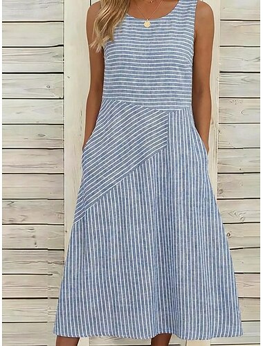  Dámské Midi šaty Volnočasové šaty Pruhované šaty Áčkové šaty Elegantní Módní Denní Dovolená Běžný Proužky Bez rukávů Tričkový Vodní modrá Černá Khaki Léto Jaro