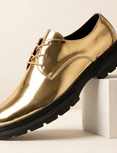  Scarpe derby da uomo color oro metallizzato, stringate, eleganti e alla moda, calzature formali di grande effetto per matrimoni, feste, banchetti, balli di fine anno e spettacoli teatrali.