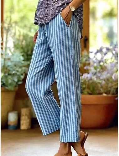  Dames Broek met linnenlook Breed Been Vrijetijdsbroek Zomerbroek Vakantie Modieus Streetwear Enkellengte Medium Taille Grafisch Gestreept Zak Elastische taille Afdrukken Comfortabel Comfort Ademend