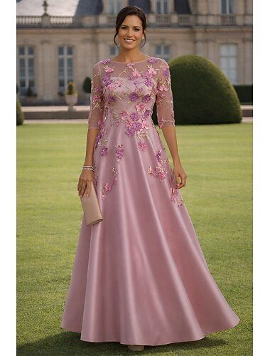  A-linje Golvlång Kvälls klänningar Formell klädsel Elegant Blommig Halvlång ärm Illusionshalsband Trädgårdsfest Bröllop Satäng Tyll med Broderad blomma Broderad Applikationsbroderi