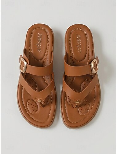  Női barna tanga szandál állítható csattal – párnázott, kényelmes papucsok, lélegző, nyitott orrú nyári lapos cipő strandra, nyaralásra, utazásra &mindennapi viselet