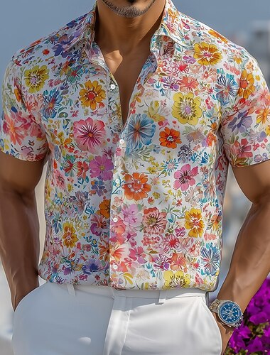  Homme Coloré Imprimé Floral Fleurs tropicales Chemise Chemise hawaïenne Chemises tropicales Manche Courte Hawaïen Resort Vacances à la Plage Été Printemps Col Rabattu Impression 3D Chemises boutonnées