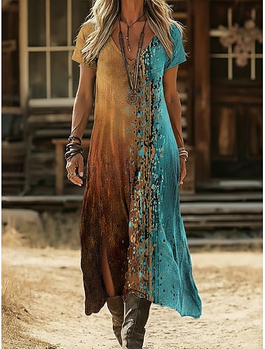 Dam Maxiklänning Boho-klänning Vardagsklänning A linjeklänning Klänning med tryck Vintage Utomhus Semester Helgen Normal Nyans Grafisk Kortärmad V-hals Blå Sommar Vår
