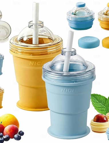  Zusammenklappbarer 2-in-1-Eiswürfelbehälter aus Silikon, berührungslose, große runde Eiswürfelform für Whisky, faltbare Silikon-Eiswürfelschale &Reisebecher, mit einem Klick leicht zu entformen,