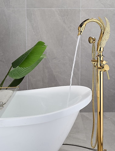  Swan frittstående badekarkran varmt og kaldt vann gulvmontert badekarfyller messing frittstående badekarkraner med hånddusj og 360° svingbar tut
