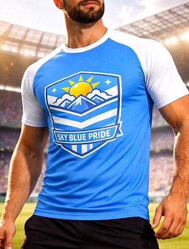  Herren Geometrisch Argentinien Fußball-Sommer Global Match Pullover-Oberteile Laufshirt Sommer Farbblock Kurzarm UPF 50 Schnelltrocknend Atmungsaktiv Leger Laufen Joggen Fitness Blau Sportbekleidung