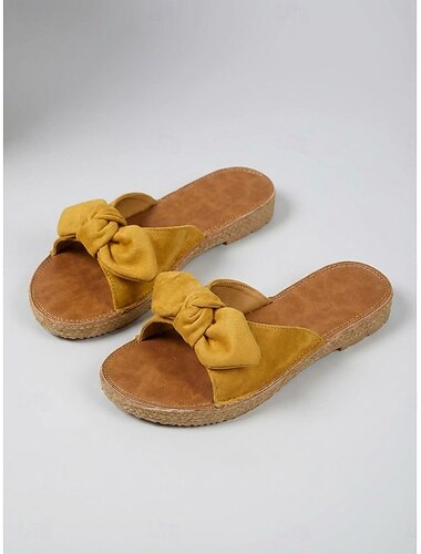  Gele slippers met strik voor dames – casual platte open teenschoenen voor de zomer, voor in de tuin en voor dagelijks gebruik.