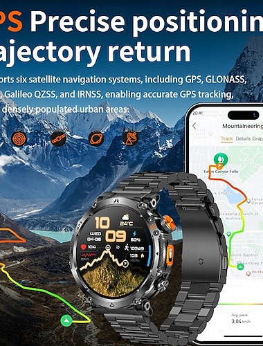  Robust GPS-smartklokke for menn, utendørs sportsklokke med 6 satellittposisjoneringssystemer, sporing av bane for fjellklatring, pulsmåler SPO2, vanntett klokke med metallreim