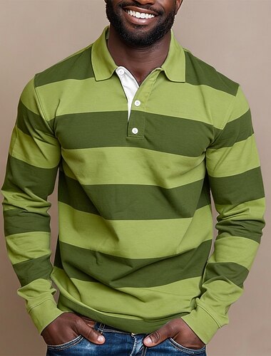  Herre Horisontale strimler Rugby Polo Langærmet Polo skjorter Skjorter med krave Sportstøj Afslappet udendørs Skole atletiktøj 3D-udskrivning Forår Efterår Blå Sø blå Grøn