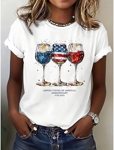  Amerikansk uavhengighetsdag Dame T skjorte Trykt mønster Grafisk Flagg Vinglass Stilfull Klassisk Fritid Kortermet Crew-hals Vanlige topper Daglig Blå Hvit Gul Rød Svart Sommer Vår