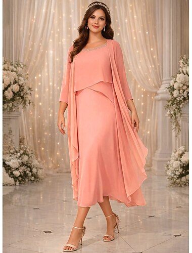  Zweiteilig A-Linie Tee-Länge Kleid für Hochzeitsgäste Brautmutterkleid Dreiviertelarm Juwelenhals Elegant Vintage Hochzeitsfeier Chiffon mit Perlenstickerei