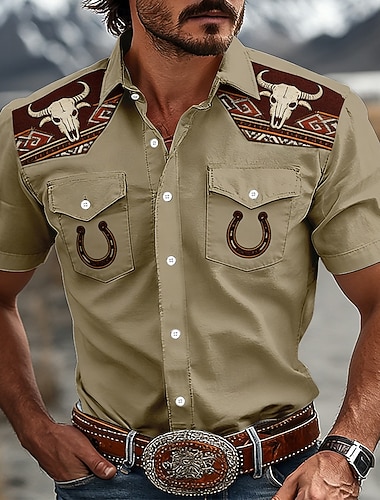  Férfi Tehénnyomtatás Etno Patkó Nyugati ing Gombos póló Cowboy ing Rövid ujjú Nyugati Vintage Retro Hétköznapi Szabadtéri Munkaruha Nyár Tavasz Térfogatcsökkenés 3D nyomtatás Elöl két zseb Gombolhat