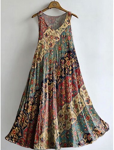  Dam Knälång klänning Boho-klänning Solklänning Vardagsklänning Etnisk klänning Elegant bohemliv Semester Strand Helgdag Datum Lös passning Blommig Grafisk Ärmlös Rund hals Rubinrött Grön Beige Sommar
