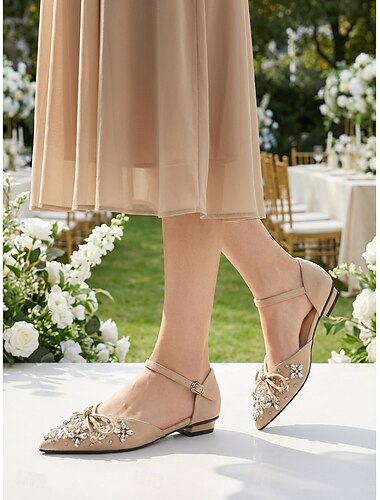  Ballerines nude ornées pour femme – élégantes chaussures à bout pointu et bride cheville, idéales pour la mère de la mariée &invités à un mariage dans le jardin