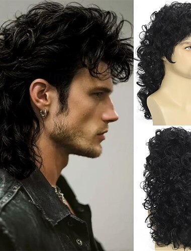  parrucca da uomo nera riccia mullet anni '80 lunga riccia hippie festa cosplay costume anime capelli parrucca