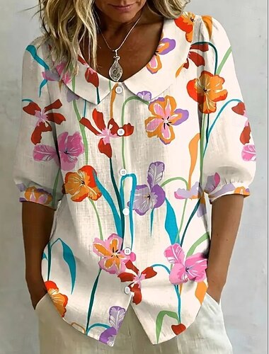  Femmes Chemise Fleuri Élégant Bohème Vacances Col Rond Claudine Hauts Longs Occasionnel Quotidien Vêtements de rue Bleu Corail Rouge Vert Claire Beige Été Printemps