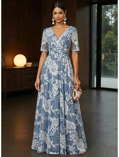  A-linje Klänningar Golvlång Maxiklänning Festklänning Cocktail klänning Klänning till brudens mor Halvlång ärm V-hals Elegant Vintage Lyxig Formell Bröllopsgäst Kentucky Derby Chiffong Spets med