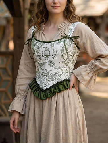  Medieval Renascentista Cottagecore Corpete Espartilho de Tronco Inteiro Fada Cordões Floral Fantasia Mulheres Fantasia Dia Das Bruxas Carnaval Casual / Diário feira renascentista LARP Adulto Corpete
