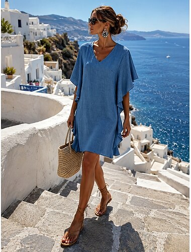  Mulheres Minivestido Vestido casual Vestido de verão Elegante Moda Moderno Ao ar livre Férias Para Noite Ajuste Largo Tecido Manga Curta Decote V Azul Cáqui Preto Vermelho Verão Primavera
