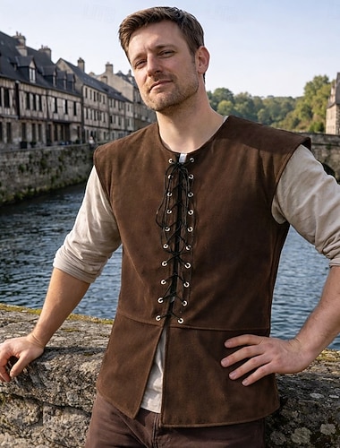  Medieval Renascentista Século XVII Colete Colete de camurça Pirata Viking Bárbaro Com Cordão Fantasia Homens Viking Pirata Dia Das Bruxas Carnaval Baile de Máscaras Espetáculo LARP Ren Faire Adulto