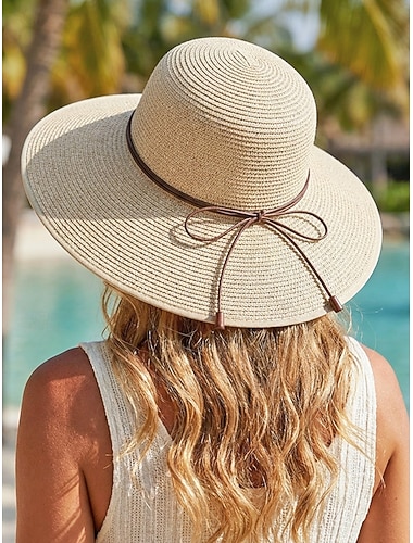  Cappello da sole da donna in paglia a tesa larga in stile bohémien, pieghevole, estivo, da spiaggia, con dettaglio a fiocco, visiera parasole morbida e ripiegabile, ideale per vacanze, viaggi e