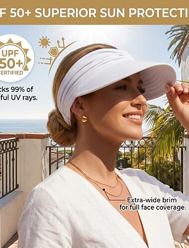  Cappello con visiera parasole UPF 50+ per donna, ideale per la coda di cavallo, cappello a secchiello a tesa larga con protezione UV, cappello estivo pieghevole per attività all'aperto, spiaggia e