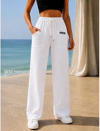  Mulheres Calças de linho de algodão Calças Calça casual Calça verão Férias Moda Roupa de rua Comprimento total Cintura Média Tecido Bolsos Cintura elástica Conforto Confortável Respirável Sem