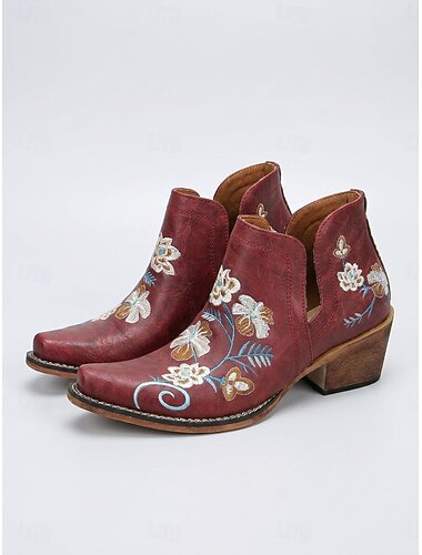  Stivaletti western da donna in stile boho ricamati - stivaletti rossi con tacco grosso e aperture laterali, ideali per festival musicali all'aperto e concerti country. &stile casual estivo da strada