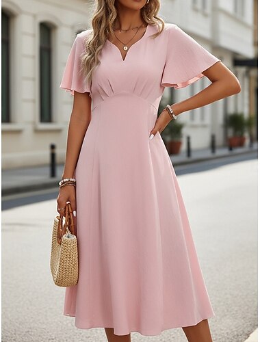  Damen Midikleid Freizeitkleid A Linie Kleid Sommerkleid Elegant Basic Klassisch Täglich Urlaub Normale Passform Einfach Kurzarm V Ausschnitt Rosa Sommer Frühling