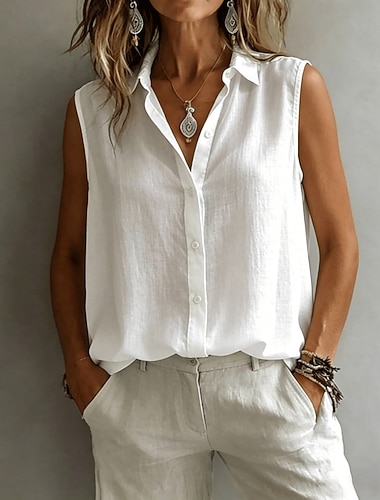  Mulheres Blusa Tecido Vintage à moda Clássico Sem Manga Decote V Tops regulares Casual Diário Azul Branco Amarelo Verão Primavera