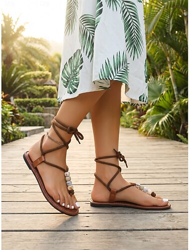  Sandales bohèmes à brides pour femmes - chaussures plates gladiateur noires à entre-doigts avec accents de perles de marbre et lacets réglables à la cheville pour les vacances d'été à la plage et les